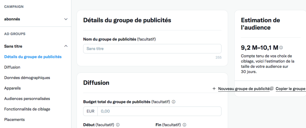 Configurez votre groupe d'annonces et vos enchères sur twitter