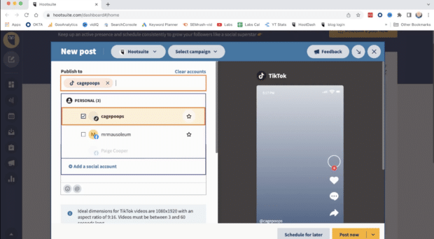 Comment programmer une publication TikTok dans Hootsuite : choisir votre compte