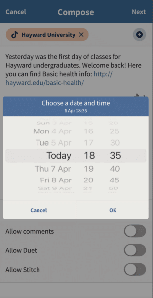 planifier une publication TikTok sur mobile dans l'application Hootsuite : choisir une date et une heure