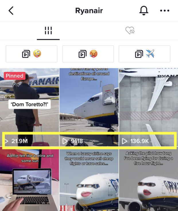 Flux TikTok de Ryanair avec le nombre de vues affiché dans les vignettes vidéo