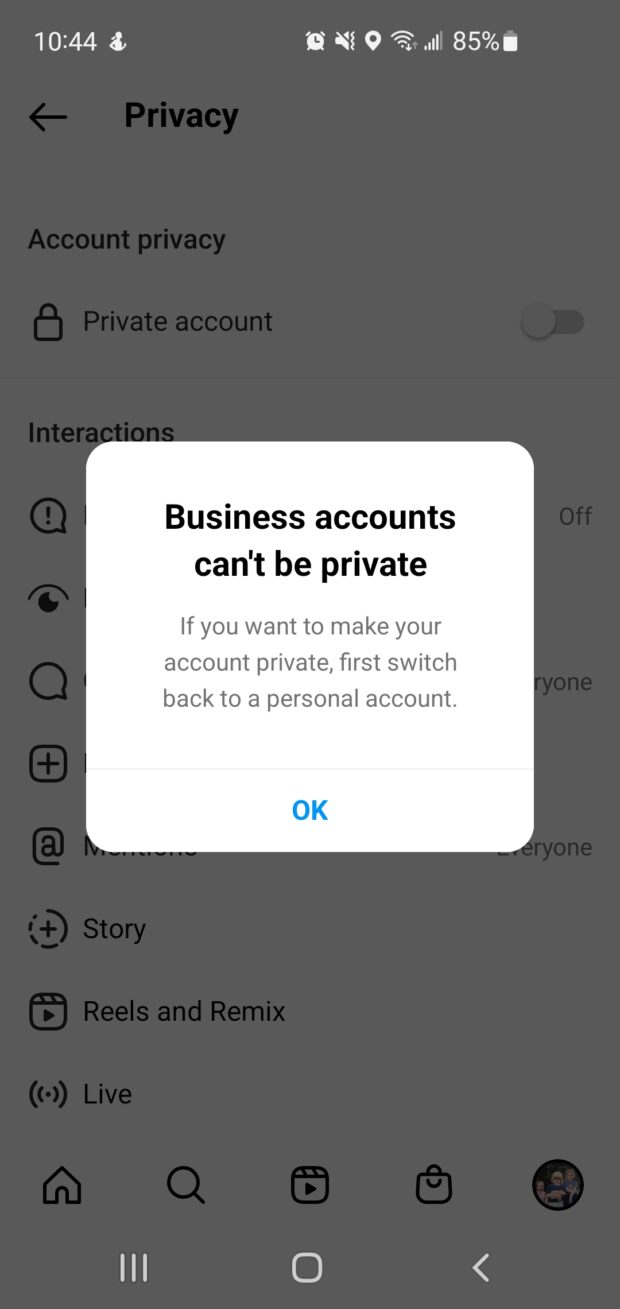 Les comptes professionnels Instagram ne peuvent pas être privés, selon ce pop-up