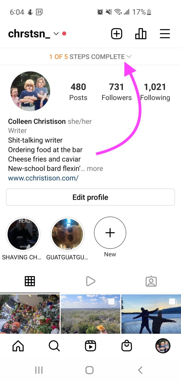 Affichage du profil Instagram avec le nombre d'étapes de configuration restantes