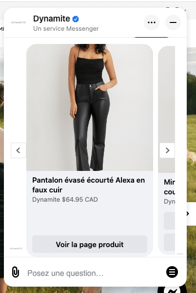 Chatbot sur le site Web de Dynamite montrant les options pour les pantalons noirs en français
