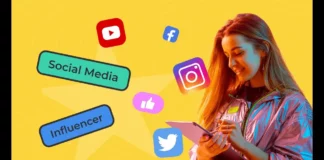 Comment Devenir Influenceur en 2025 : La Feuille de Route Vers le Succès eune influenceuse souriante avec des icônes de réseaux sociaux autour d’elle (Instagram, TikTok, YouTube), représentant le concept de devenir créateur de contenu en 2025.