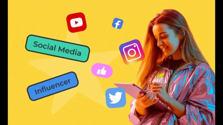 eune influenceuse souriante avec des icônes de réseaux sociaux autour d’elle (Instagram, TikTok, YouTube), représentant le concept de devenir créateur de contenu en 2025.